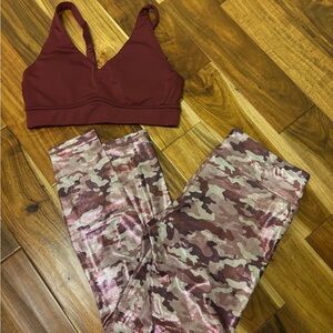 Women's Burgundy Sports Bra and Camouflage Leggings Set